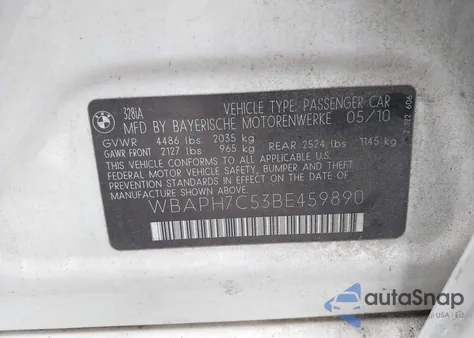 2011 BMW 328 из США, поврежденный, VIN WBAPH7C53BE459890